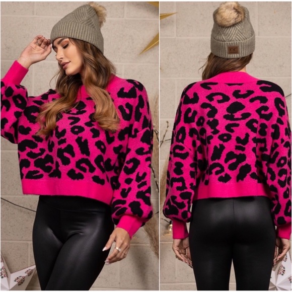2 LEFT! Women's Fuchsia Cheetah Print Turtleneck Fall Winter Sweater - Picture 3 of 4